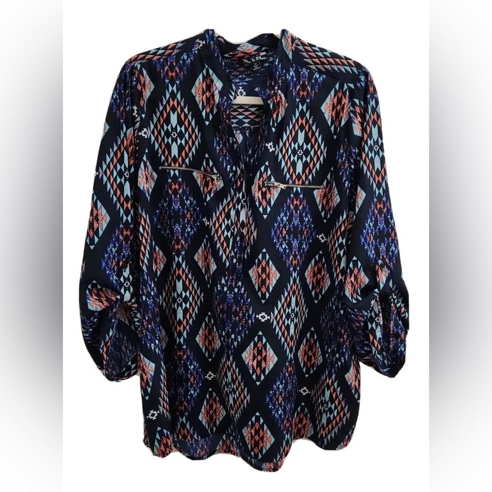 Time to Bloom Women's Blue Collared Button Up Zip Pockets Long Sleeves Top sz 3X